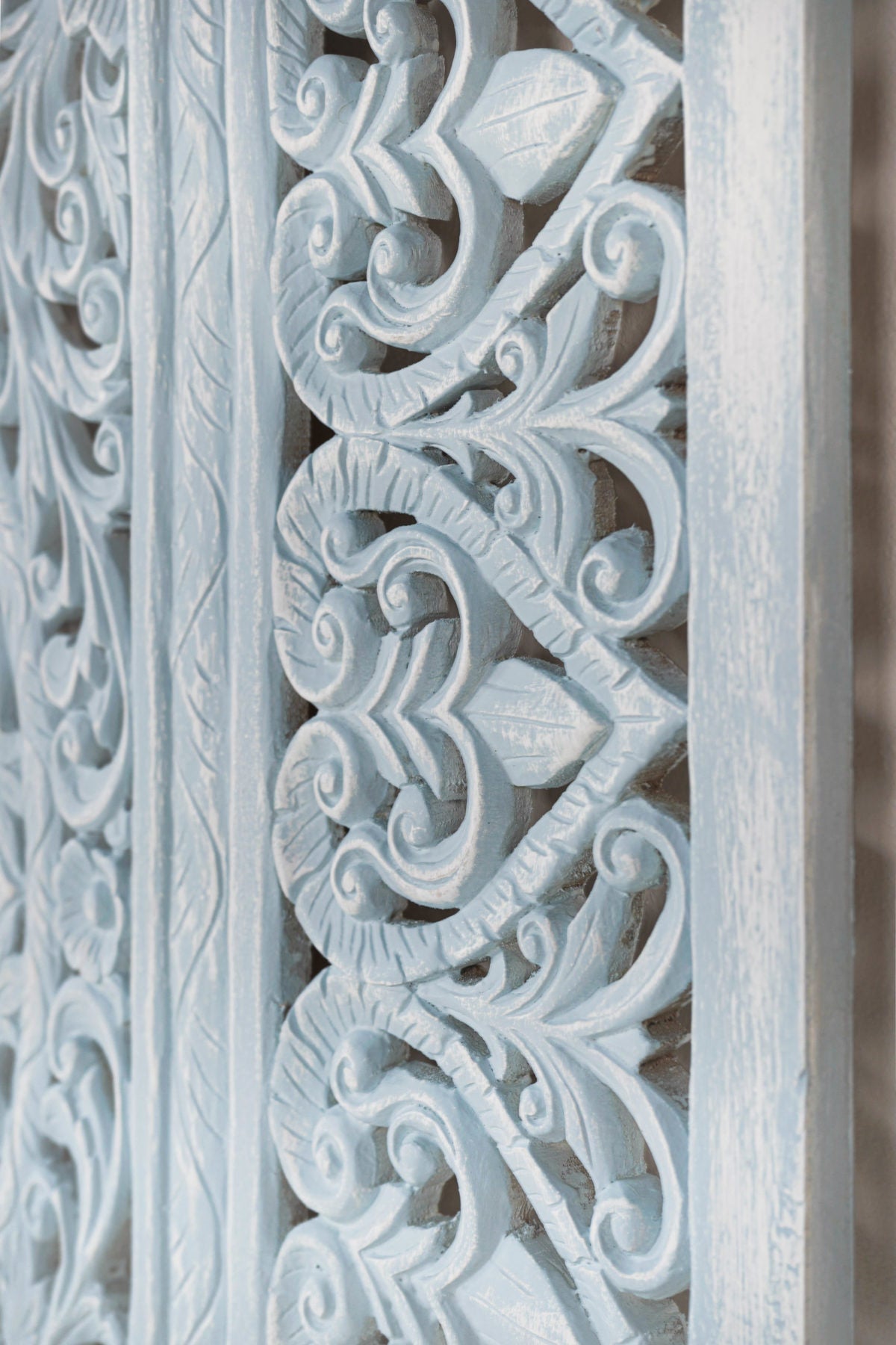 Distressed Light Blue Hand Carved Solid Wood Mandala Headboard – Ornate Floral Scrollwork Boho Wall Panel - DOBRI ARTS AU