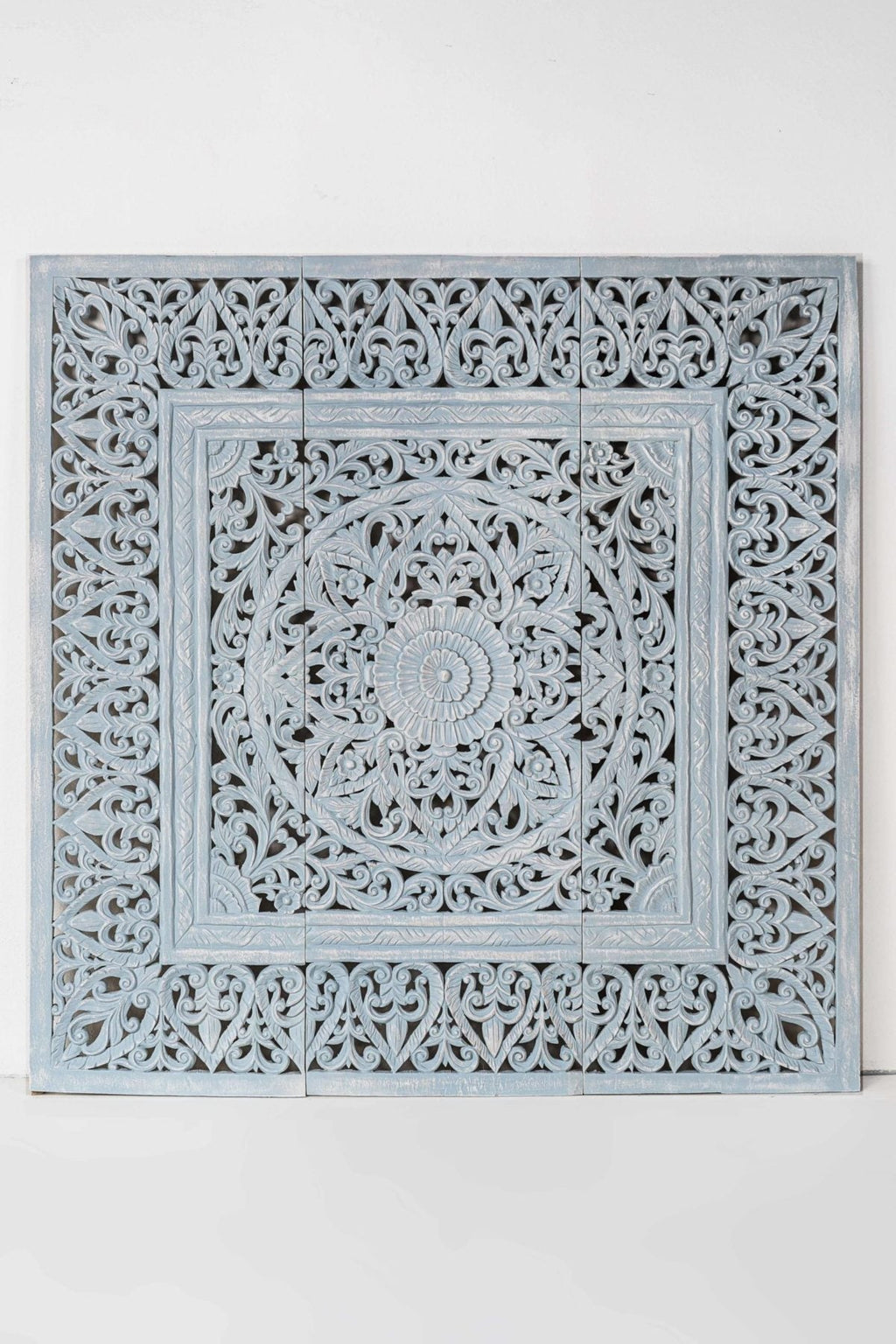 Distressed Light Blue Hand Carved Solid Wood Mandala Headboard – Ornate Floral Scrollwork Boho Wall Panel - DOBRI ARTS AU