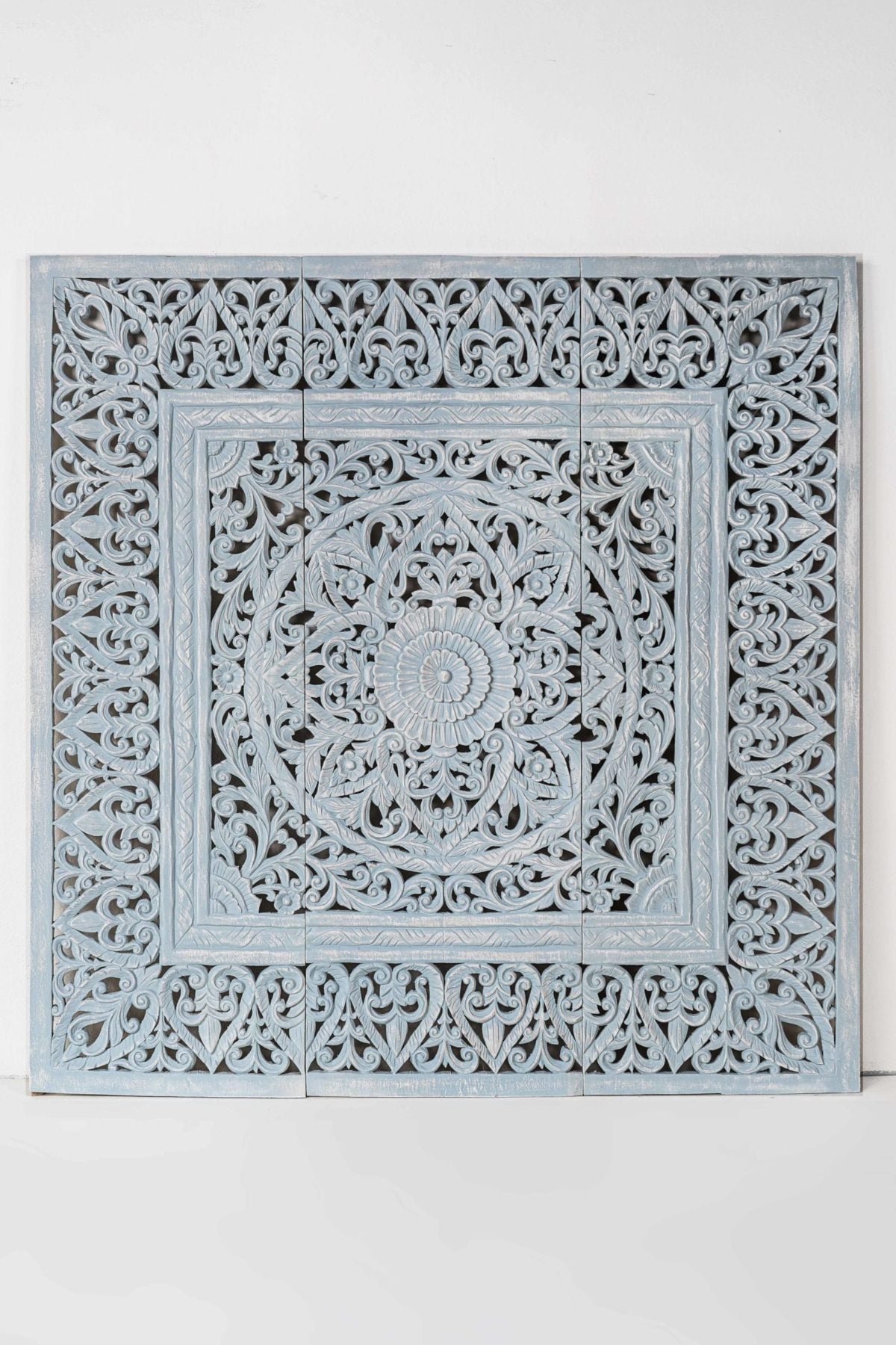 Distressed Light Blue Hand Carved Solid Wood Mandala Headboard – Ornate Floral Scrollwork Boho Wall Panel - DOBRI ARTS AU