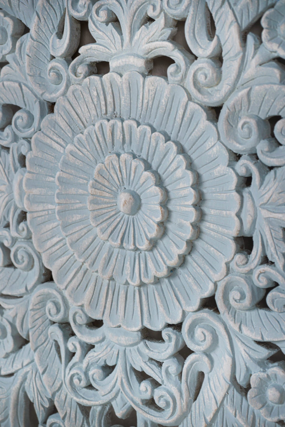 Distressed Light Blue Hand Carved Solid Wood Mandala Headboard – Ornate Floral Scrollwork Boho Wall Panel - DOBRI ARTS AU