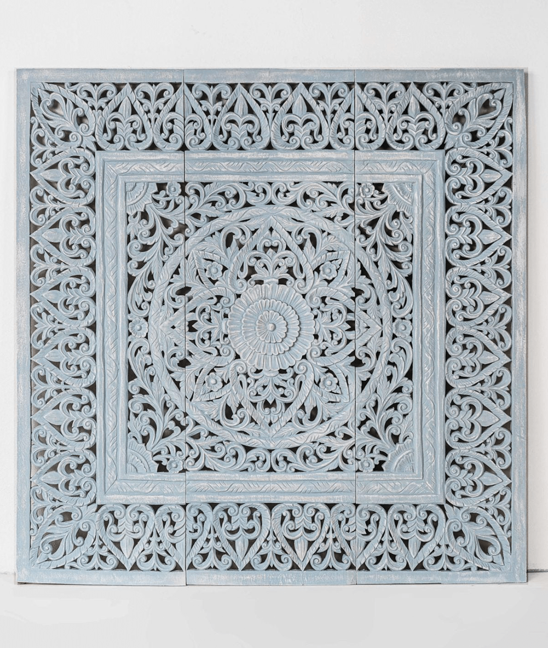 Distressed Light Blue Hand Carved Solid Wood Mandala Headboard – Ornate Floral Scrollwork Boho Wall Panel - DOBRI ARTS AU