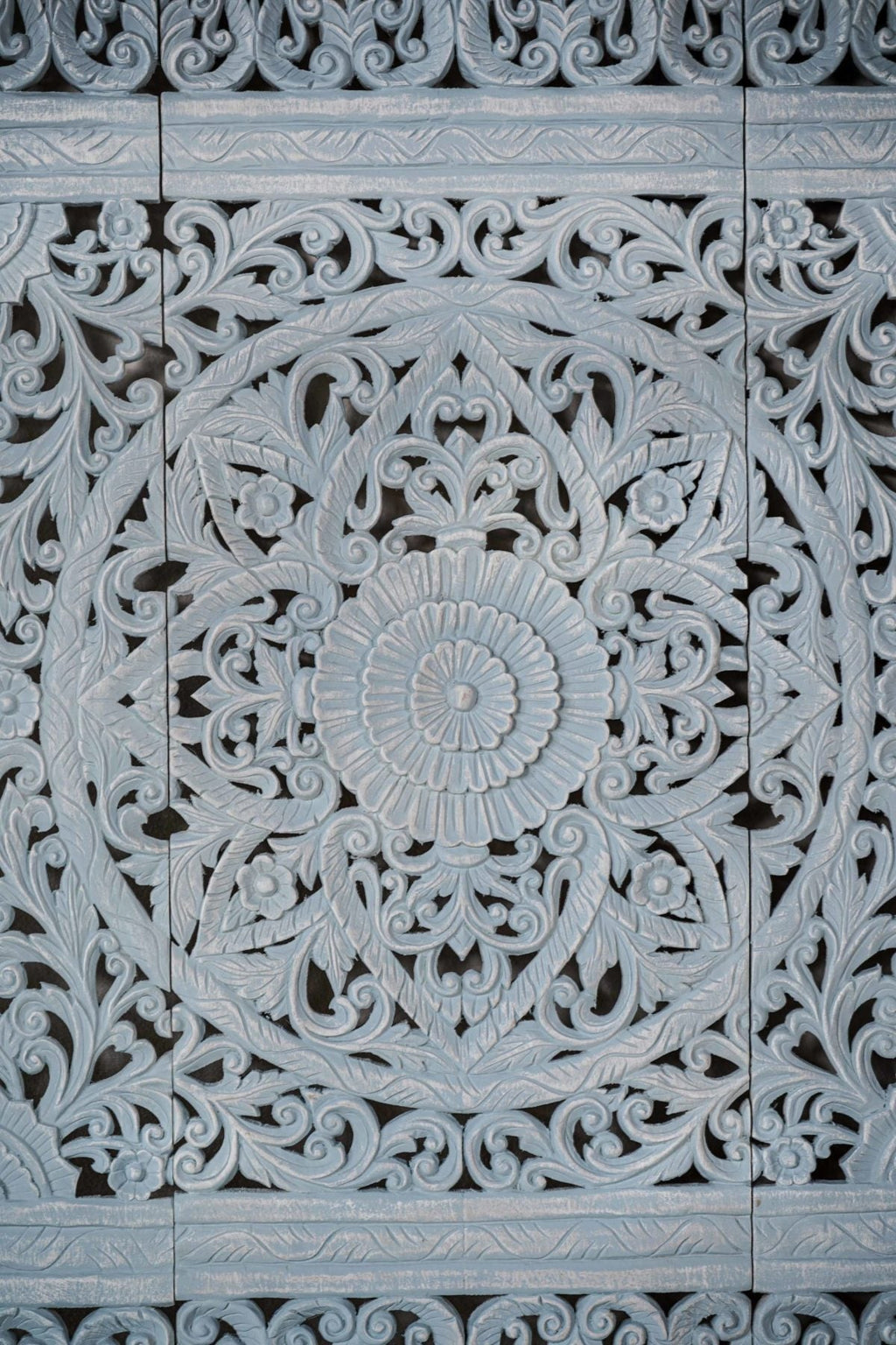 Distressed Light Blue Hand Carved Solid Wood Mandala Headboard – Ornate Floral Scrollwork Boho Wall Panel - DOBRI ARTS AU