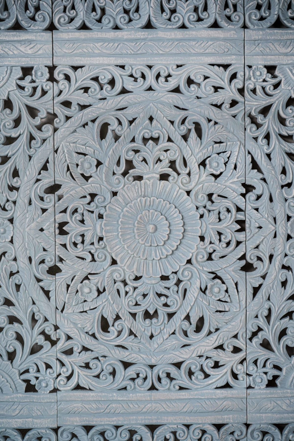 Distressed Light Blue Hand Carved Solid Wood Mandala Headboard – Ornate Floral Scrollwork Boho Wall Panel - DOBRI ARTS AU