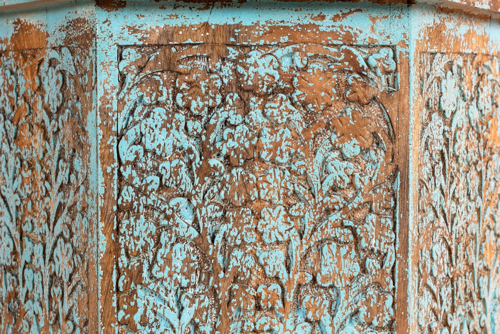 Distressed Turquoise Carved Wooden Accent Stool - DOBRI ARTS AU