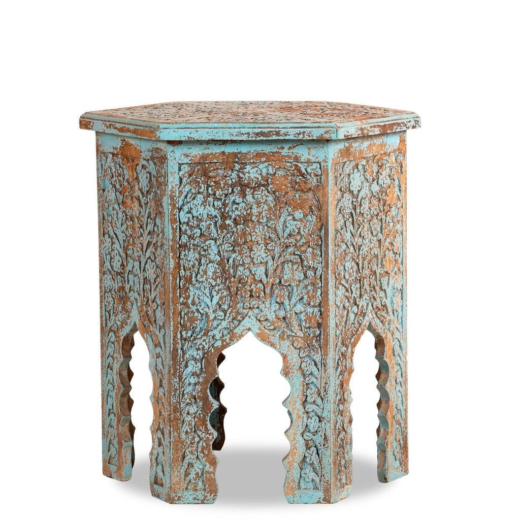 Distressed Turquoise Carved Wooden Accent Stool - DOBRI ARTS AU