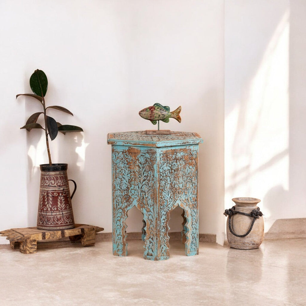 Distressed Turquoise Carved Wooden Accent Stool - DOBRI ARTS AU