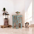 Distressed Turquoise Carved Wooden Accent Stool - DOBRI ARTS AU