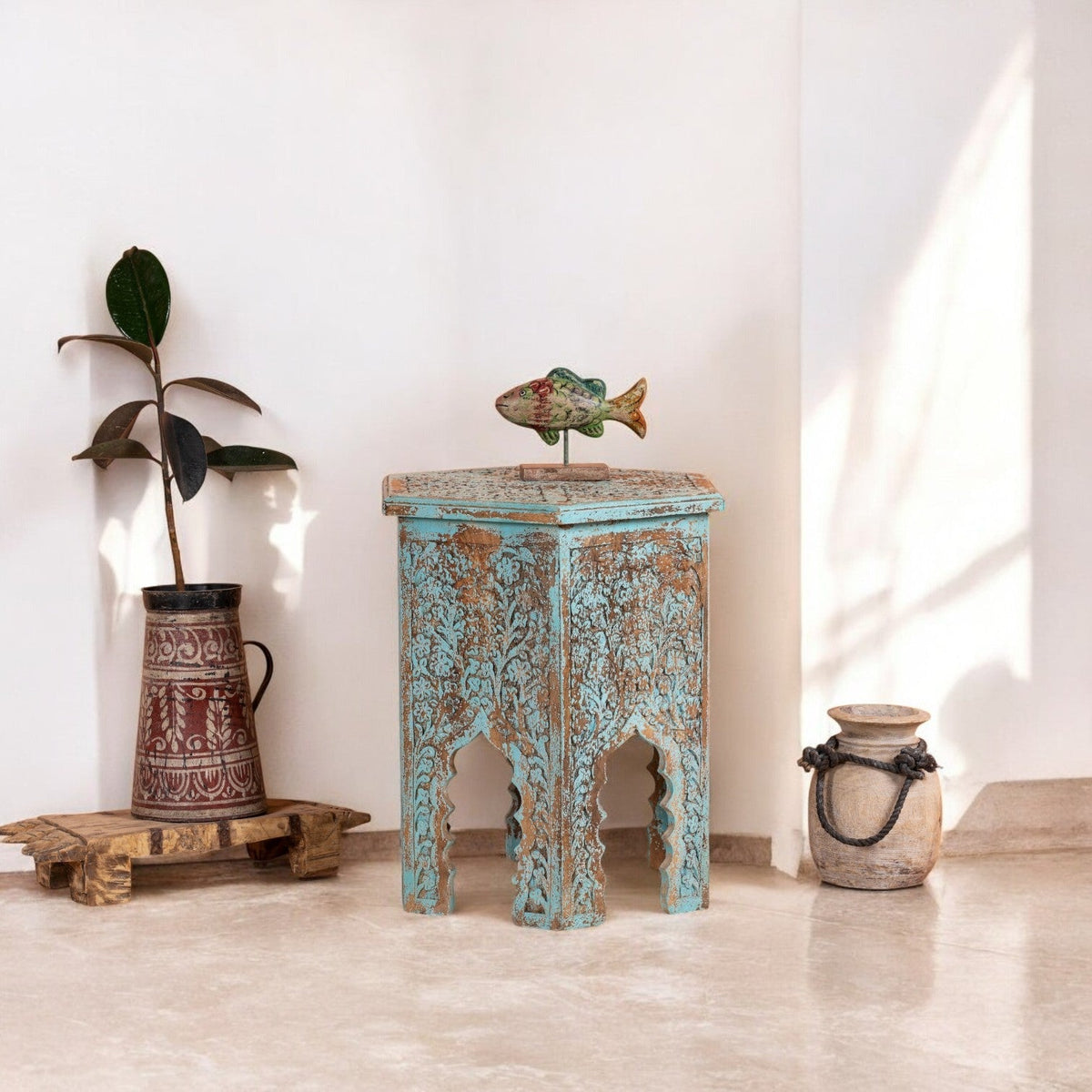 Distressed Turquoise Carved Wooden Accent Stool - DOBRI ARTS AU