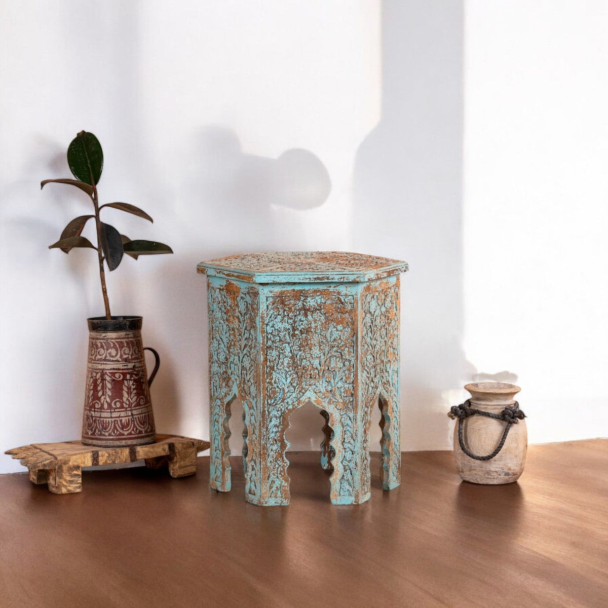 Distressed Turquoise Carved Wooden Accent Stool - DOBRI ARTS AU