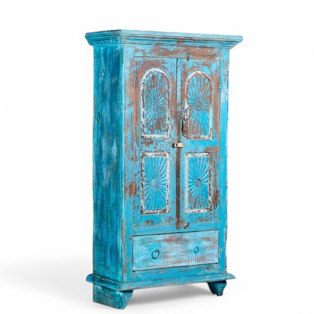 Distressed Turquoise Hand-Carved Wooden Storage Cabinet - DOBRI ARTS AU