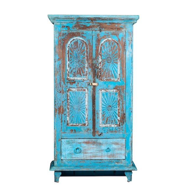 Distressed Turquoise Hand-Carved Wooden Storage Cabinet - DOBRI ARTS AU
