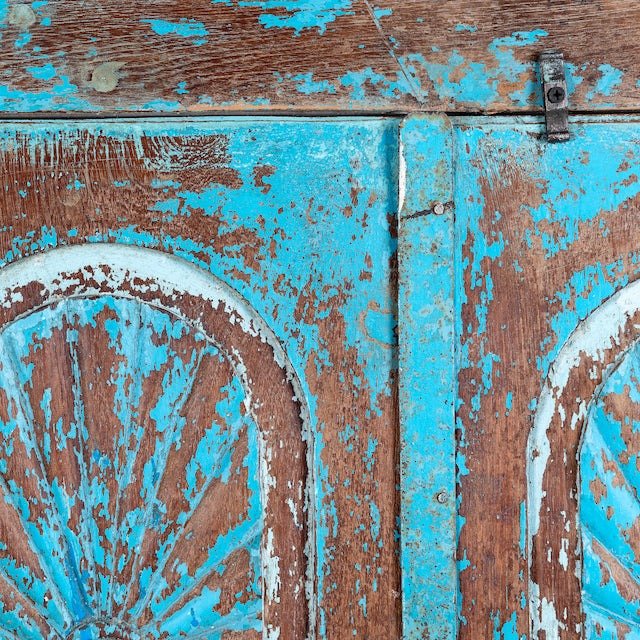 Distressed Turquoise Hand-Carved Wooden Storage Cabinet - DOBRI ARTS AU
