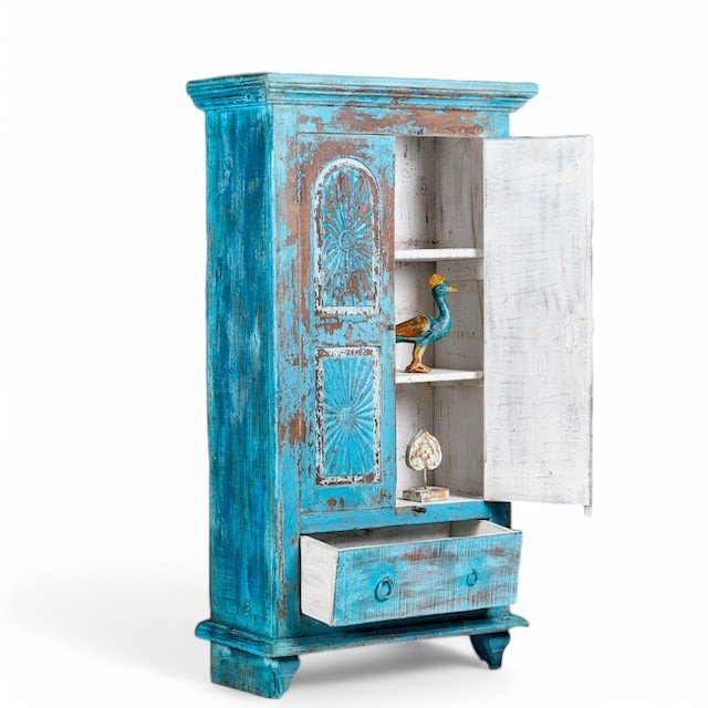 Distressed Turquoise Hand-Carved Wooden Storage Cabinet - DOBRI ARTS AU