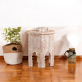 Distressed White Carved Wooden Accent Stool - DOBRI ARTS AU