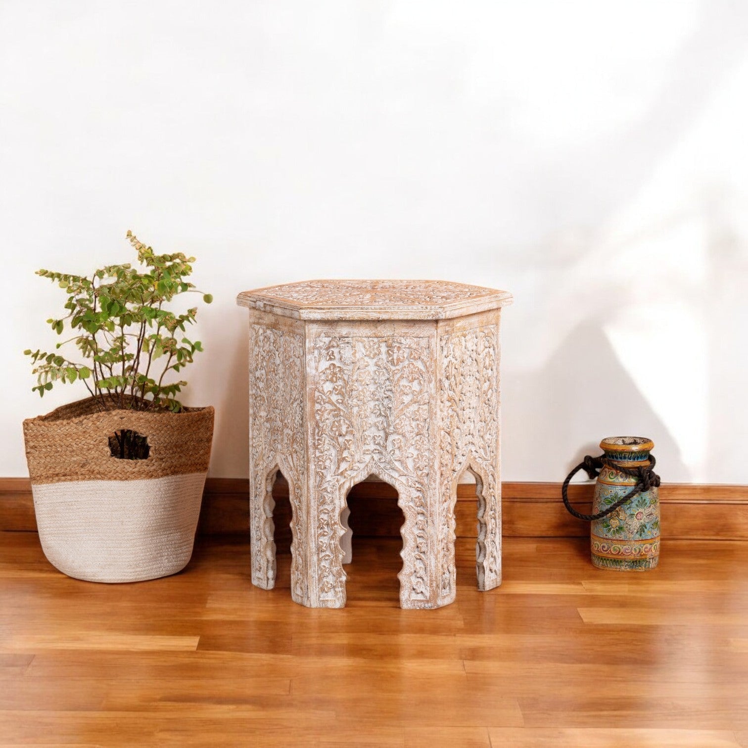 Distressed White Carved Wooden Accent Stool - DOBRI ARTS AU