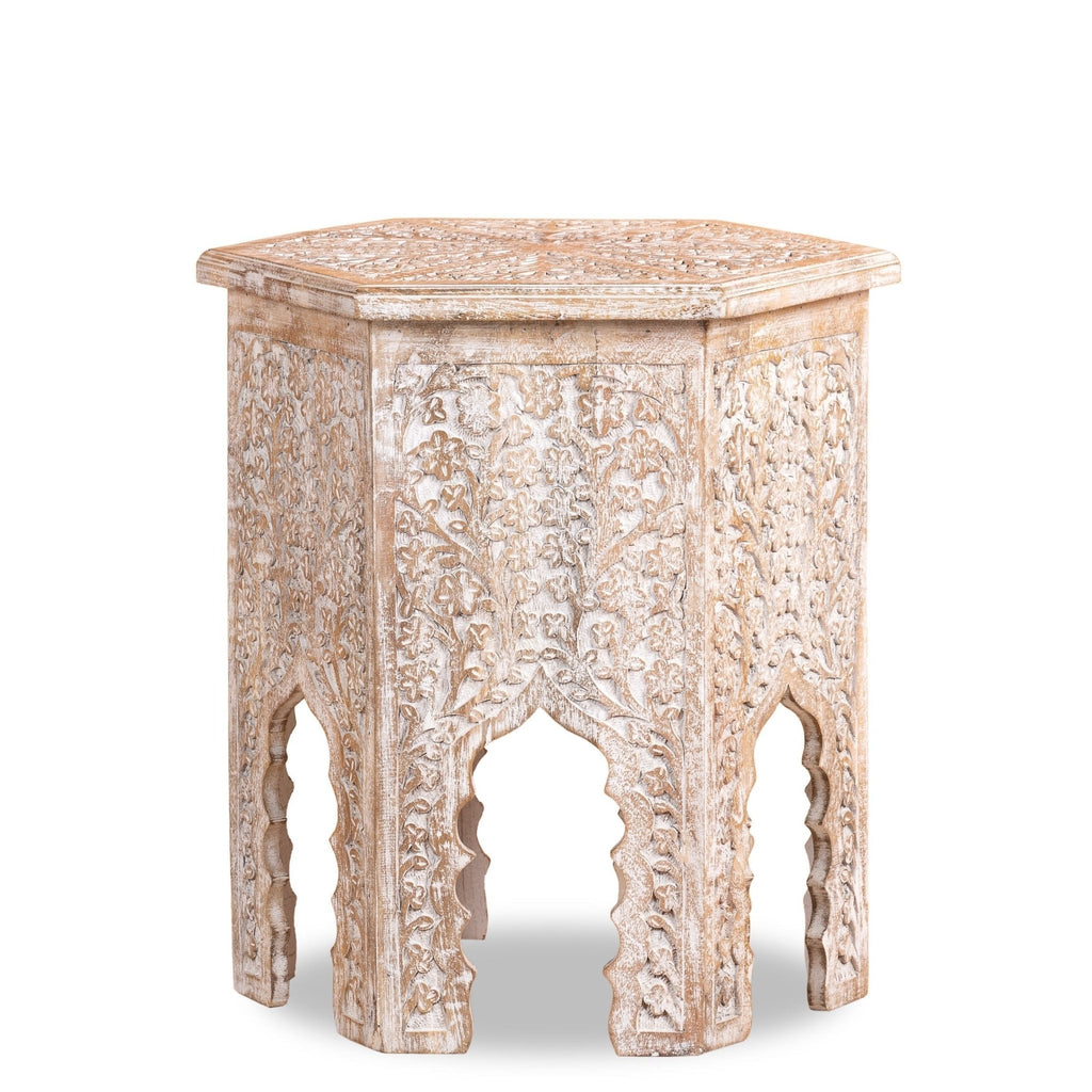 Distressed White Carved Wooden Accent Stool - DOBRI ARTS AU