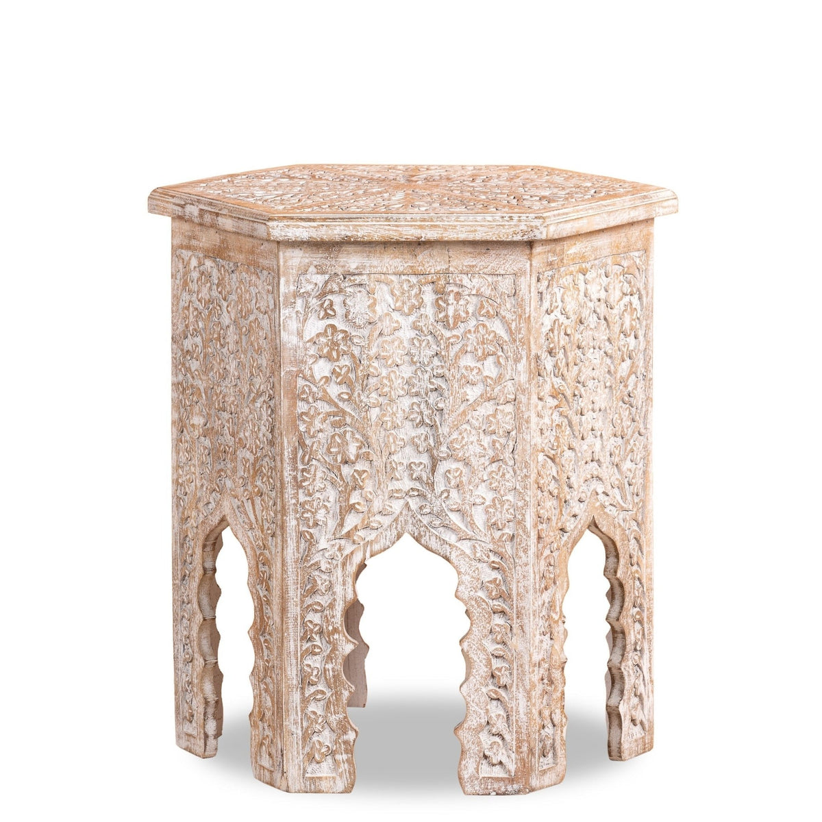 Distressed White Carved Wooden Accent Stool - DOBRI ARTS AU