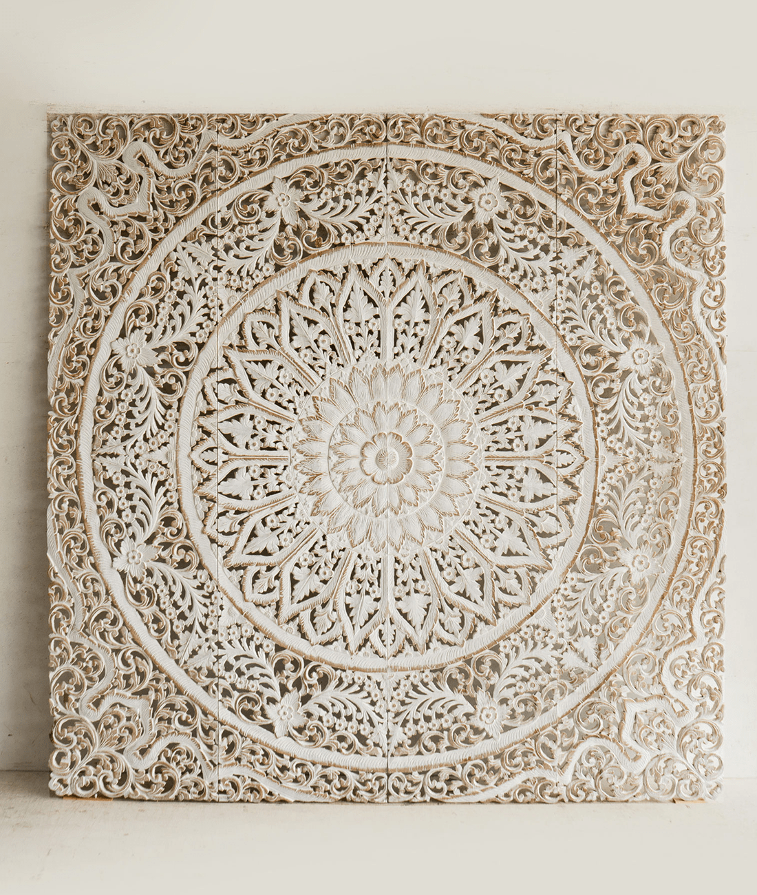 Distressed White Hand Carved Mango Wood Mandala Headboard – Ornate Floral Boho Wall Panel - DOBRI ARTS AU
