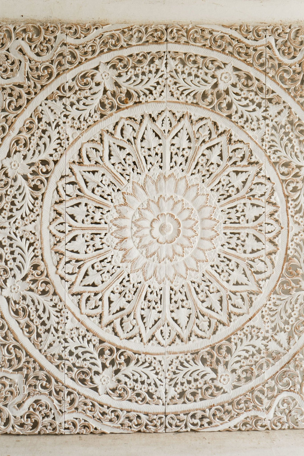 Distressed White Hand Carved Mango Wood Mandala Headboard – Ornate Floral Boho Wall Panel - DOBRI ARTS AU