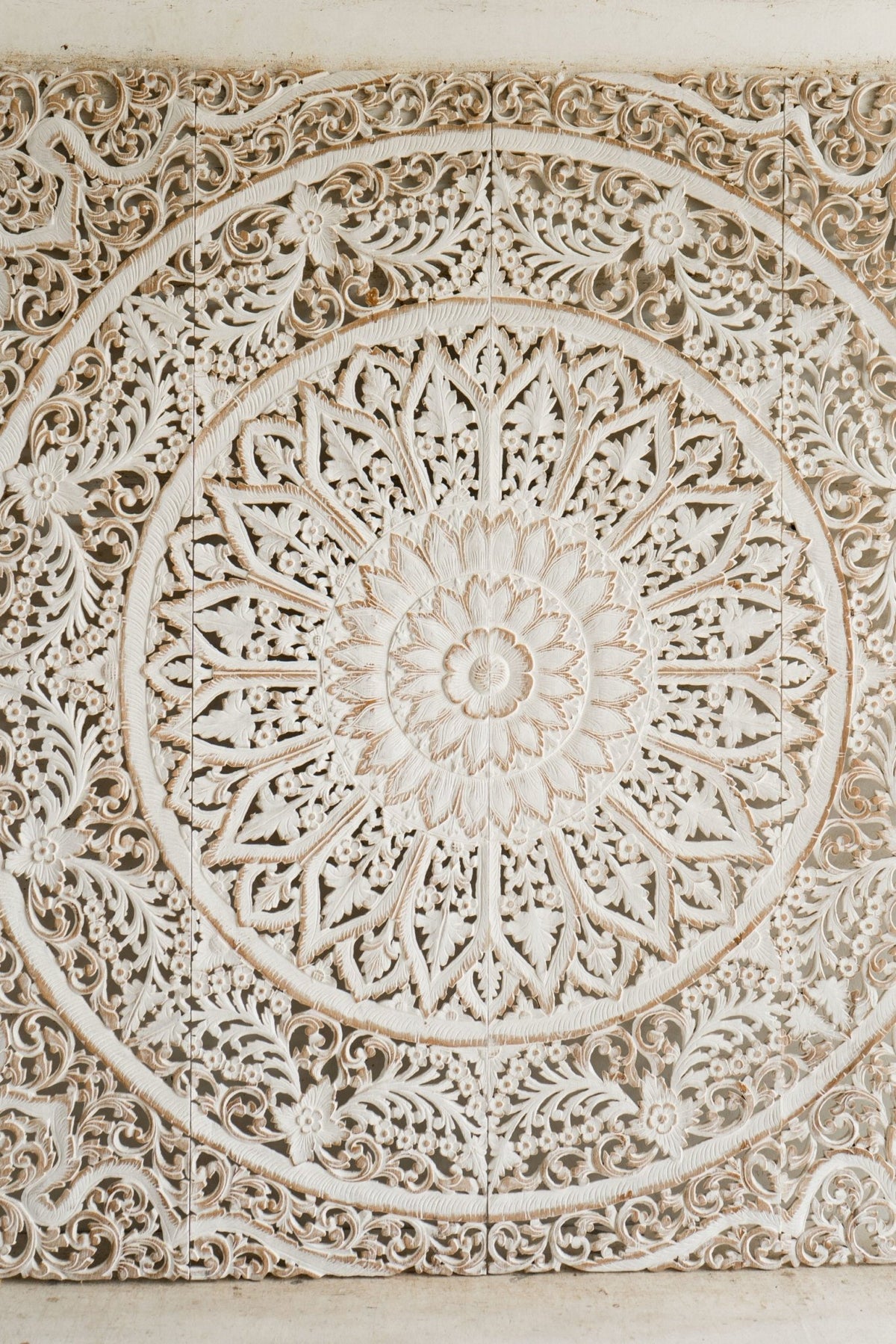 Distressed White Hand Carved Mango Wood Mandala Headboard – Ornate Floral Boho Wall Panel - DOBRI ARTS AU
