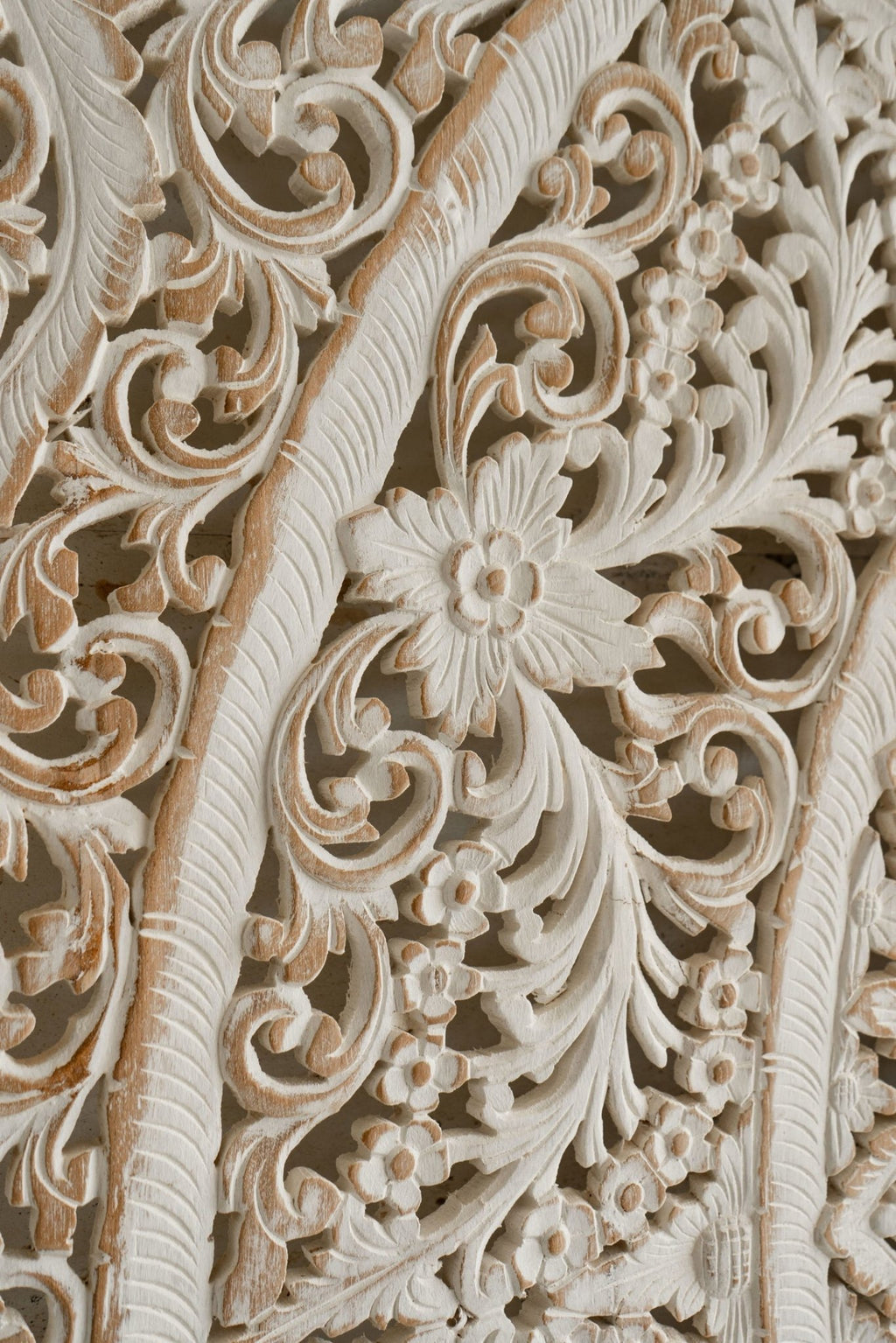 Distressed White Hand Carved Mango Wood Mandala Headboard – Ornate Floral Boho Wall Panel - DOBRI ARTS AU