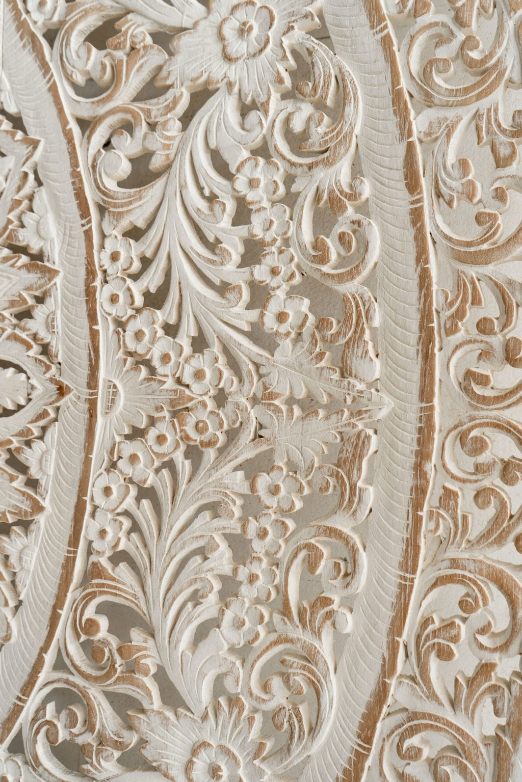 Distressed White Hand Carved Mango Wood Mandala Headboard – Ornate Floral Boho Wall Panel - DOBRI ARTS AU
