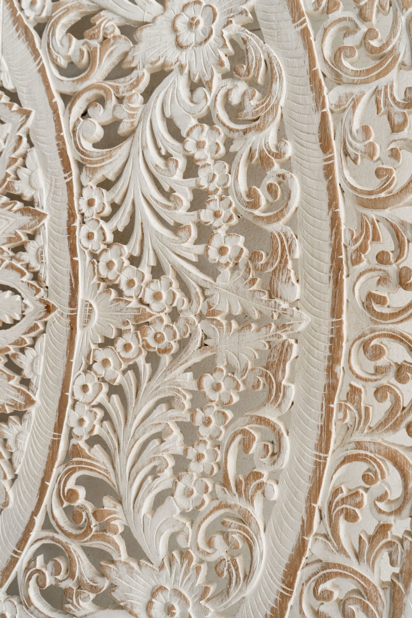 Distressed White Hand Carved Mango Wood Mandala Headboard – Ornate Floral Boho Wall Panel - DOBRI ARTS AU