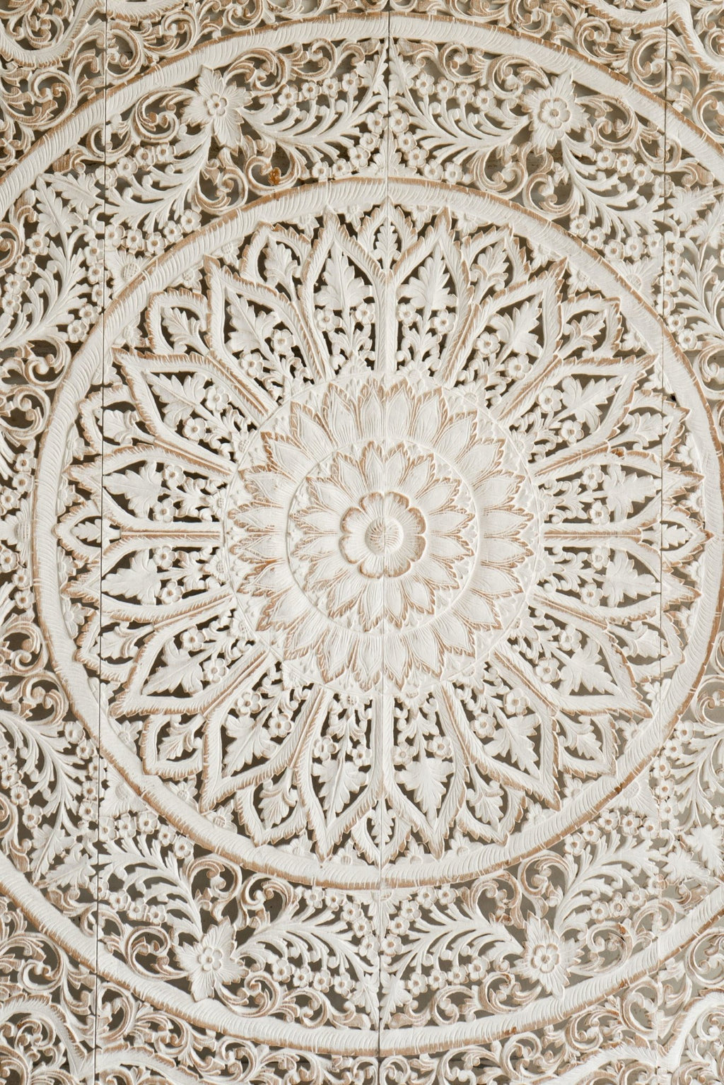 Distressed White Hand Carved Mango Wood Mandala Headboard – Ornate Floral Boho Wall Panel - DOBRI ARTS AU