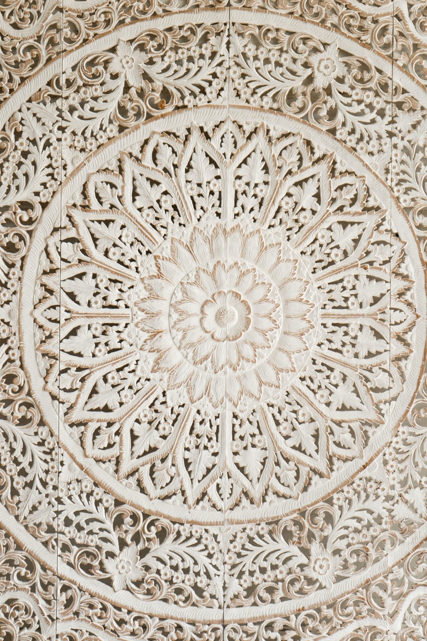 Distressed White Hand Carved Mango Wood Mandala Headboard – Ornate Floral Boho Wall Panel - DOBRI ARTS AU