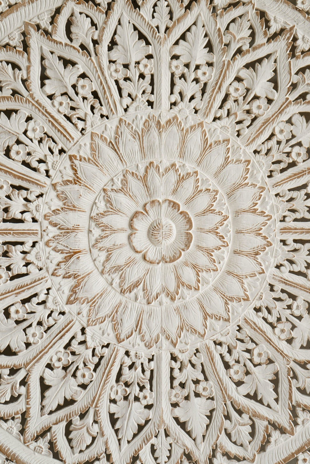 Distressed White Hand Carved Mango Wood Mandala Headboard – Ornate Floral Boho Wall Panel - DOBRI ARTS AU