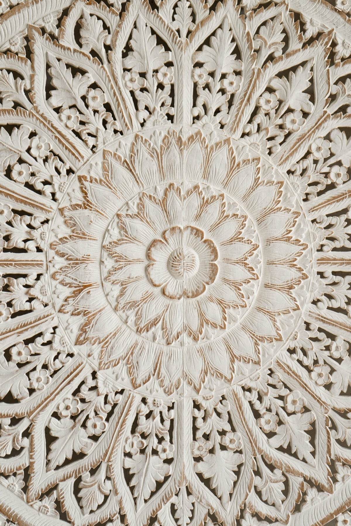 Distressed White Hand Carved Mango Wood Mandala Headboard – Ornate Floral Boho Wall Panel - DOBRI ARTS AU