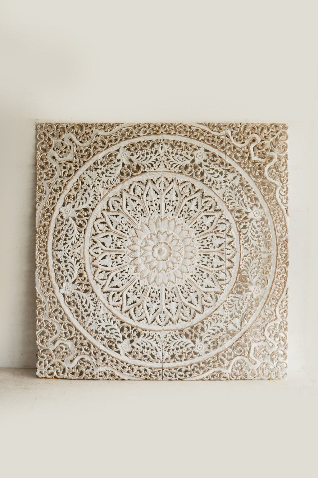 Distressed White Hand Carved Mango Wood Mandala Headboard – Ornate Floral Boho Wall Panel - DOBRI ARTS AU