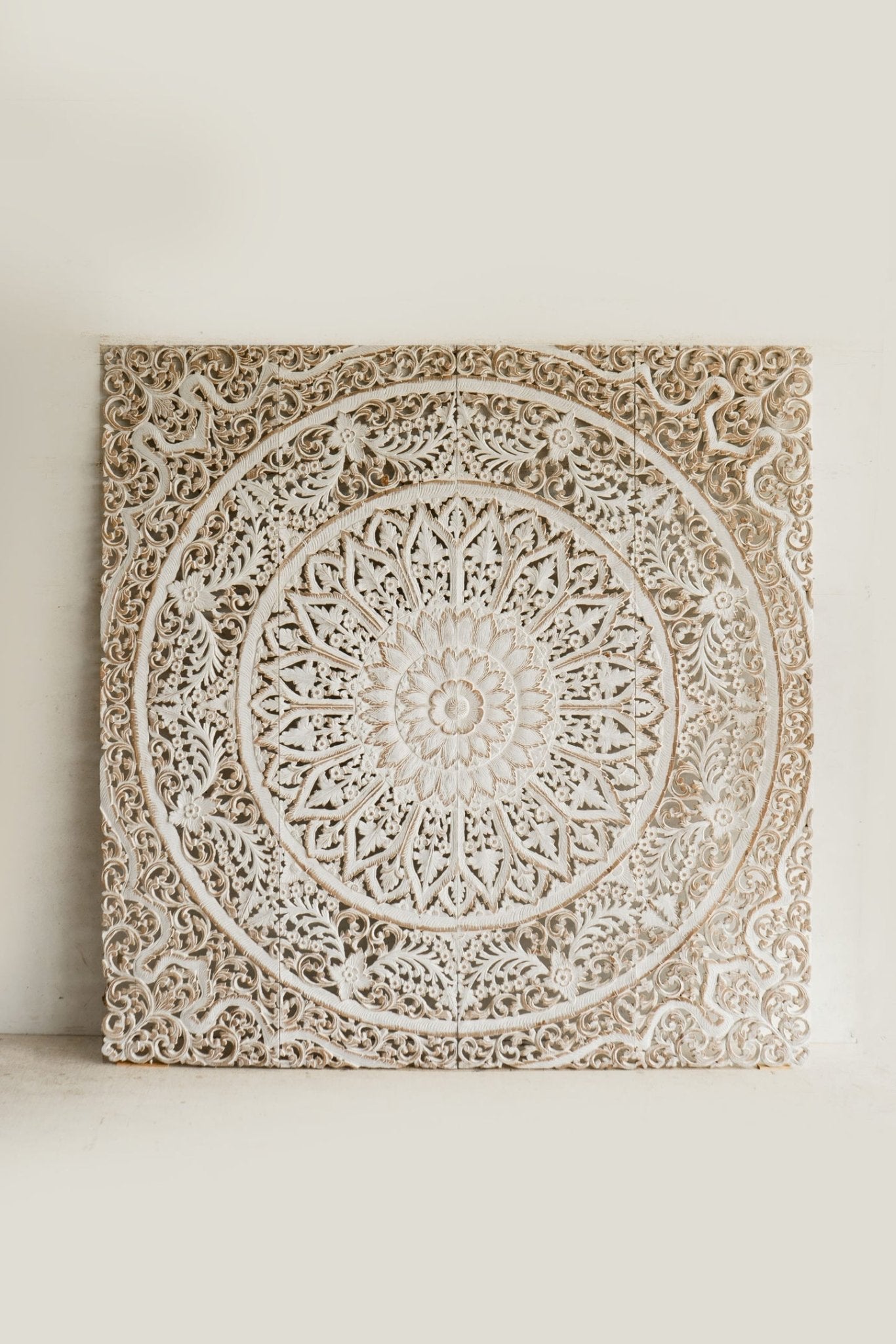 Distressed White Hand Carved Mango Wood Mandala Headboard – Ornate Floral Boho Wall Panel - DOBRI ARTS AU