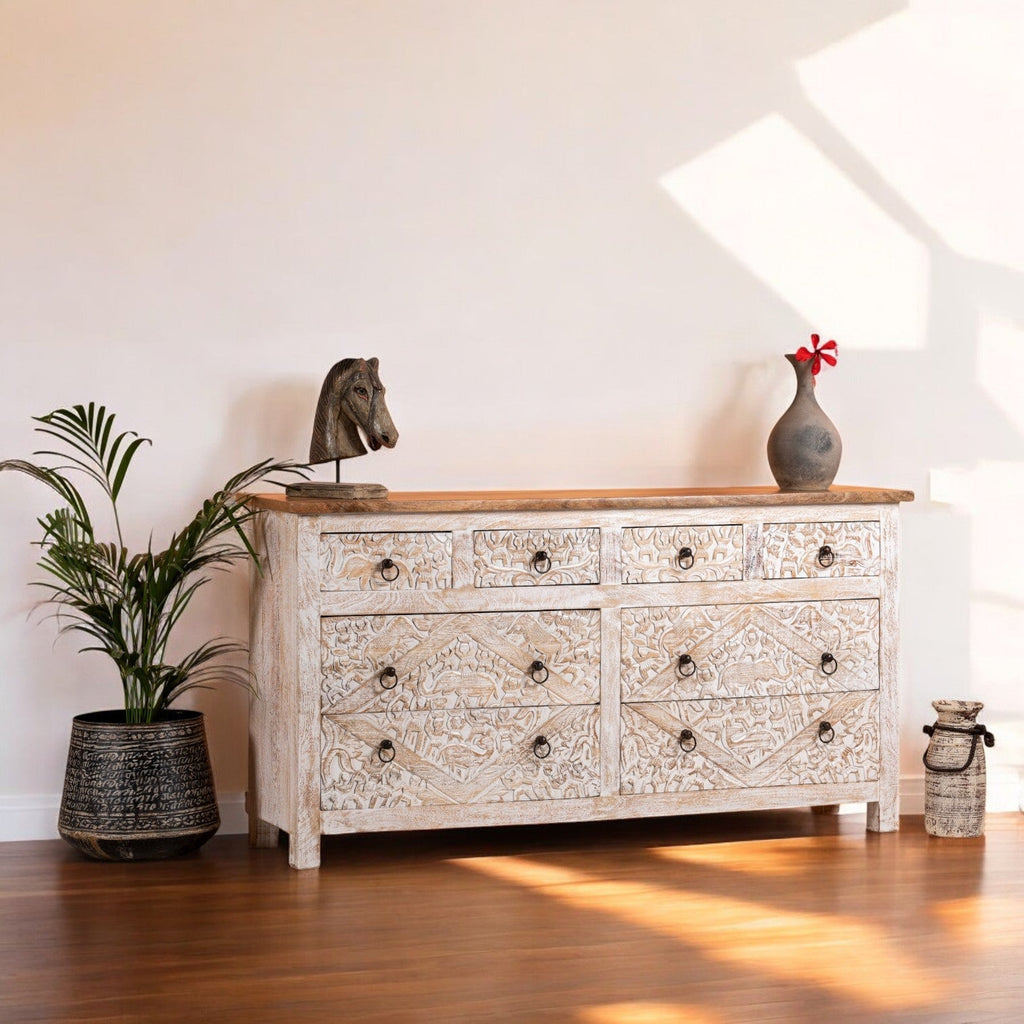 Distressed White Wooden Sideboard with Geometric Drawer Fronts - DOBRI ARTS AU
