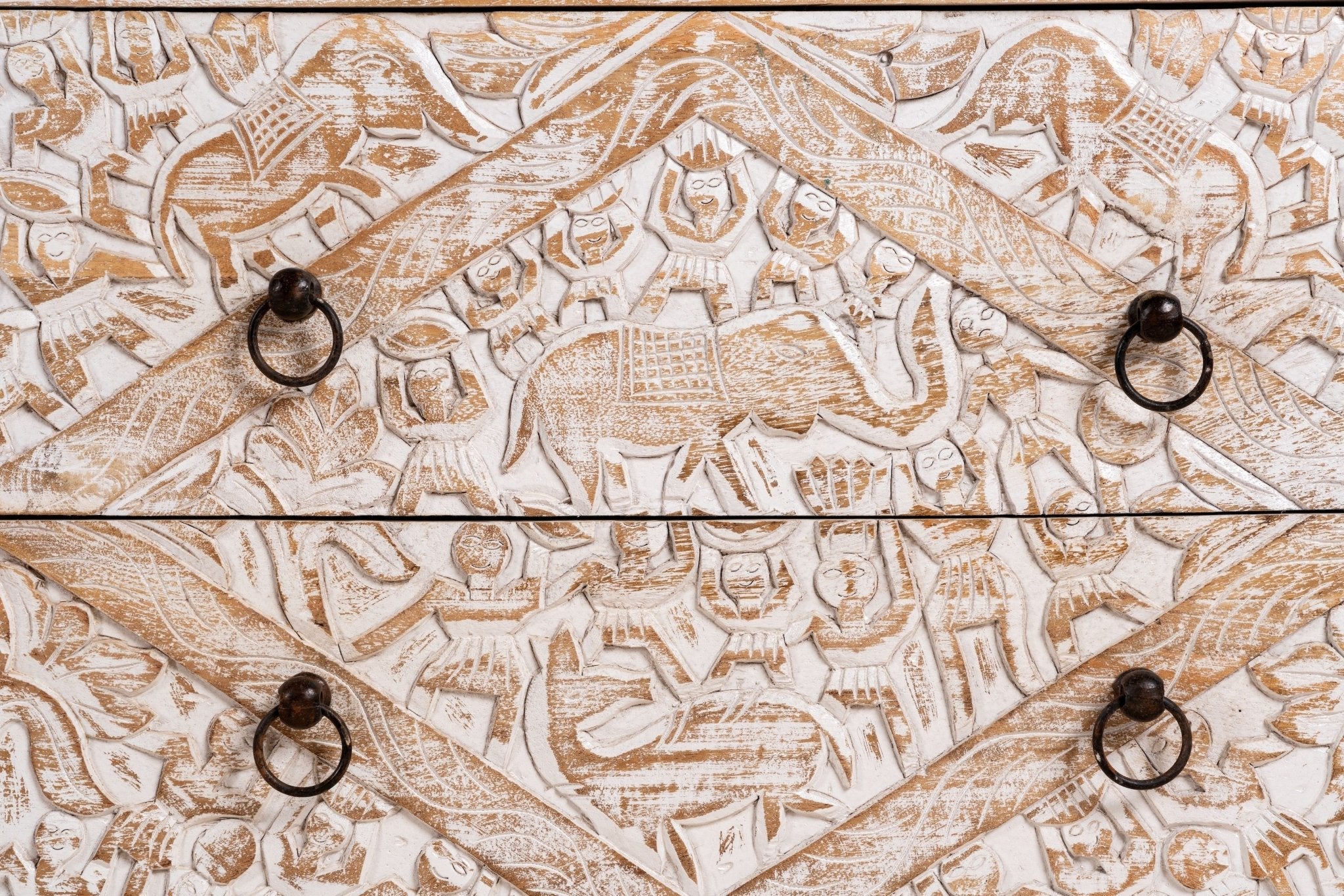Distressed White Wooden Sideboard with Geometric Drawer Fronts - DOBRI ARTS AU