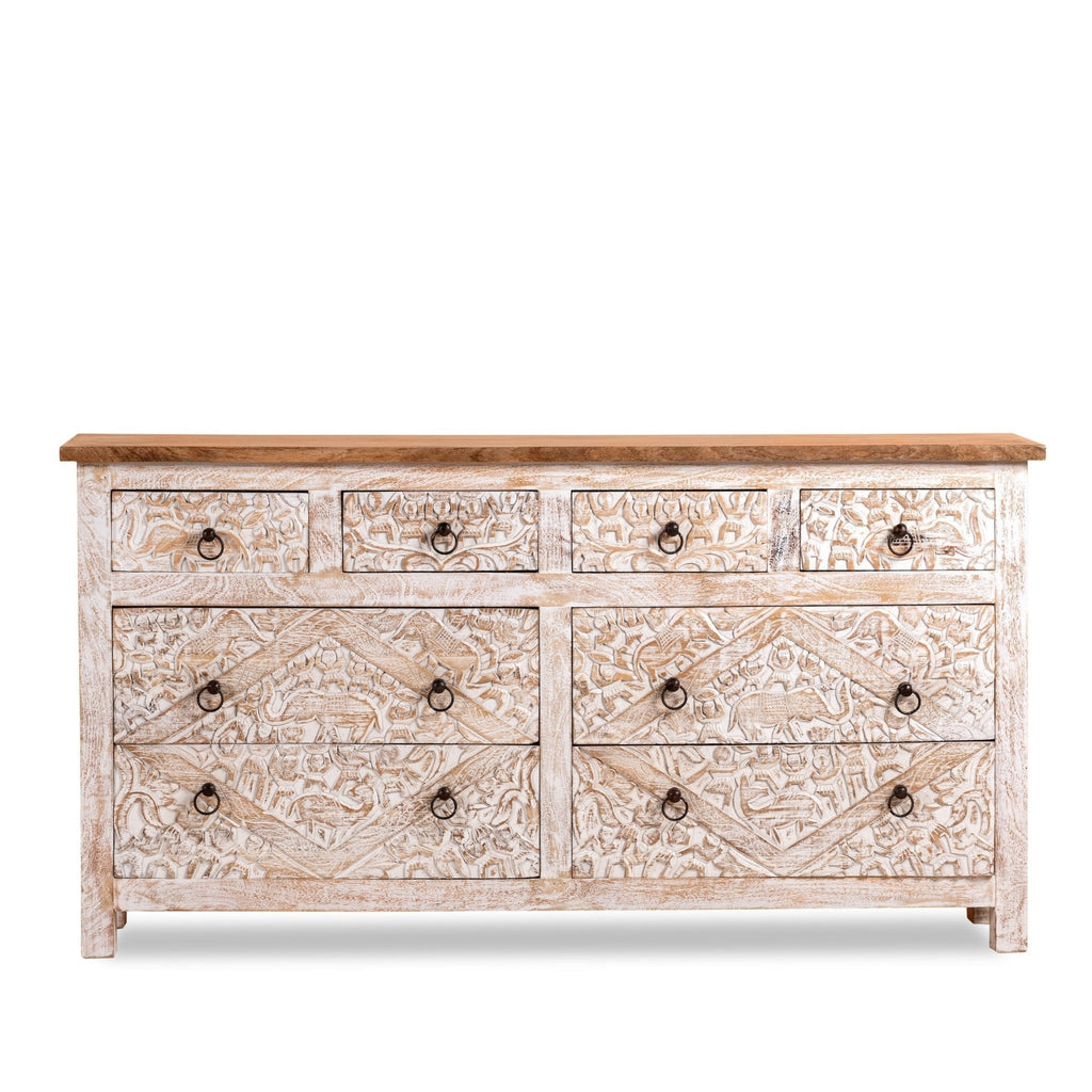 Distressed White Wooden Sideboard with Geometric Drawer Fronts - DOBRI ARTS AU