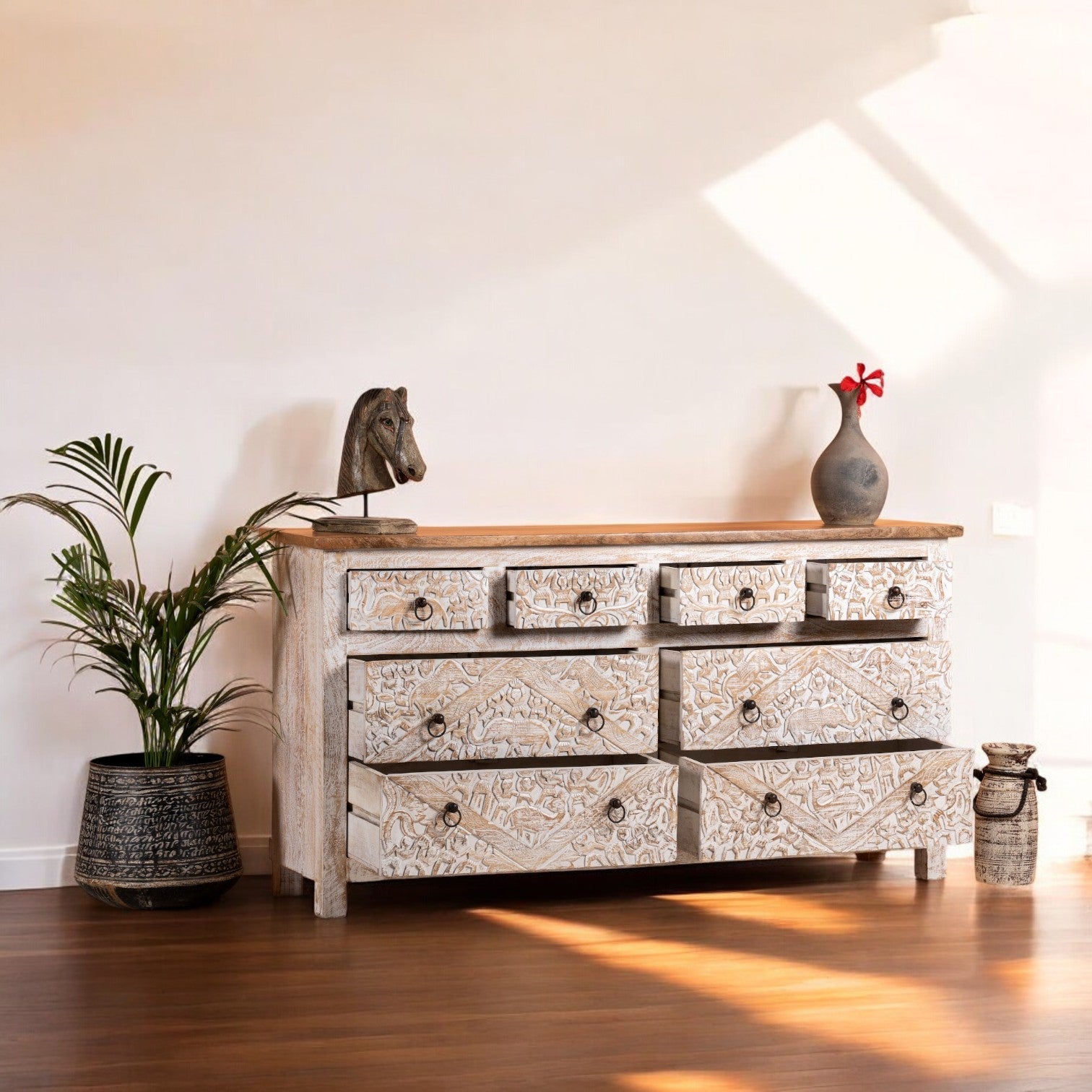 Distressed White Wooden Sideboard with Geometric Drawer Fronts - DOBRI ARTS AU