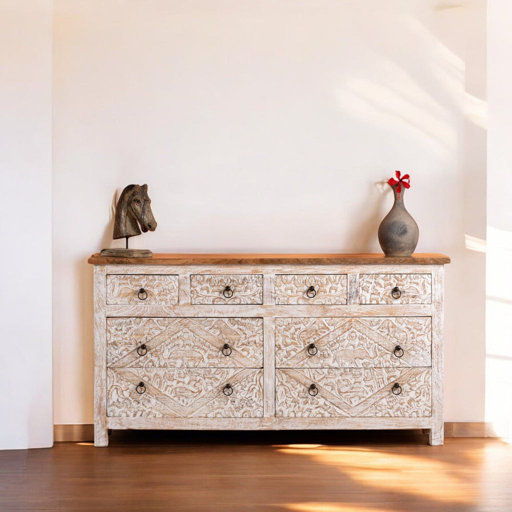 Distressed White Wooden Sideboard with Geometric Drawer Fronts - DOBRI ARTS AU