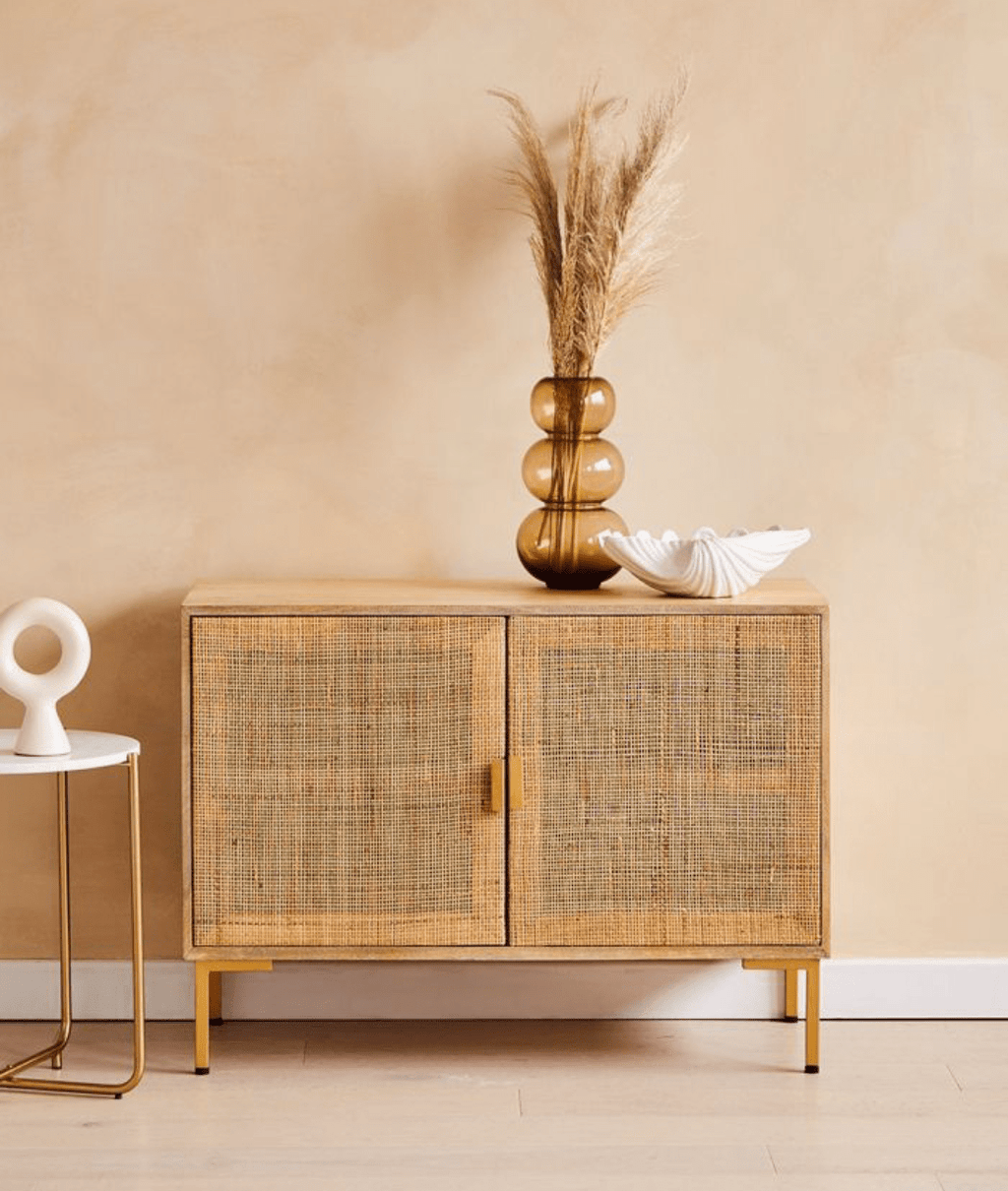Divi Natural Rattan Sideboard – Solid Mango Wood Cane Cabinet with Brass Details, 2-Door Storage Console & Mid-Century Boho Furniture - DOBRI ARTS AU