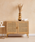 Divi Natural Rattan Sideboard – Solid Mango Wood Cane Cabinet with Brass Details, 2-Door Storage Console & Mid-Century Boho Furniture - DOBRI ARTS AU
