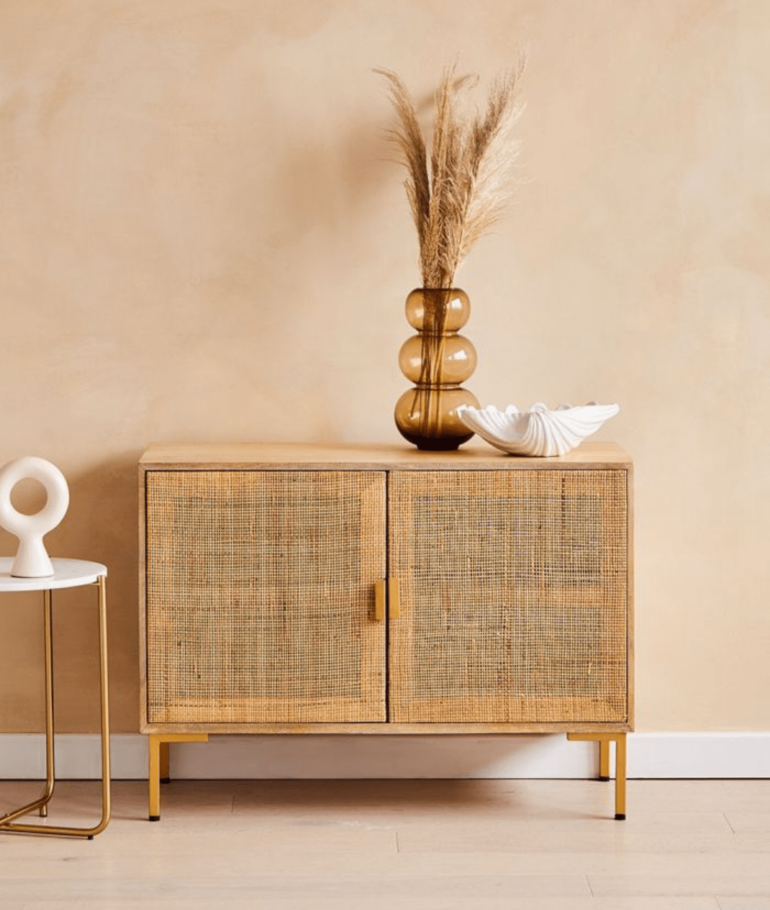 Divi Natural Rattan Sideboard – Solid Mango Wood Cane Cabinet with Brass Details, 2-Door Storage Console & Mid-Century Boho Furniture - DOBRI ARTS AU