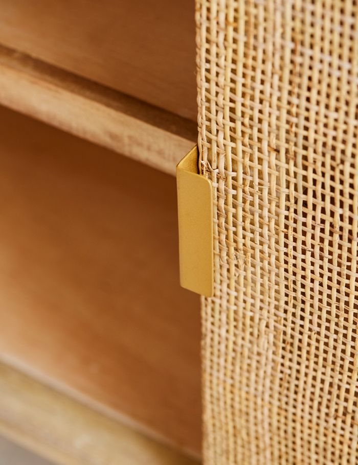 Divi Natural Rattan Sideboard – Solid Mango Wood Cane Cabinet with Brass Details, 2-Door Storage Console & Mid-Century Boho Furniture - DOBRI ARTS AU