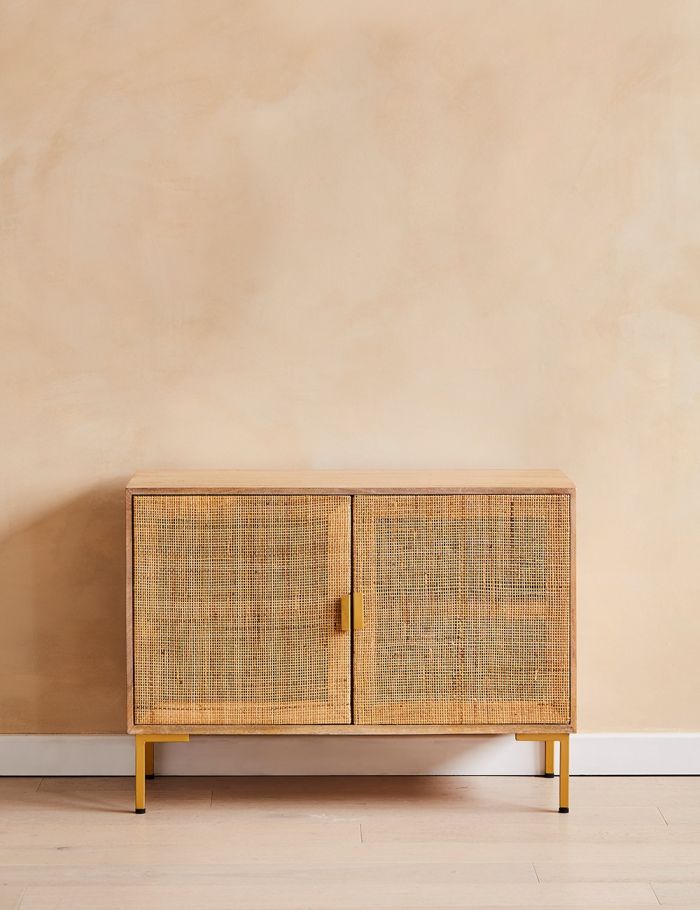Divi Natural Rattan Sideboard – Solid Mango Wood Cane Cabinet with Brass Details, 2-Door Storage Console & Mid-Century Boho Furniture - DOBRI ARTS AU