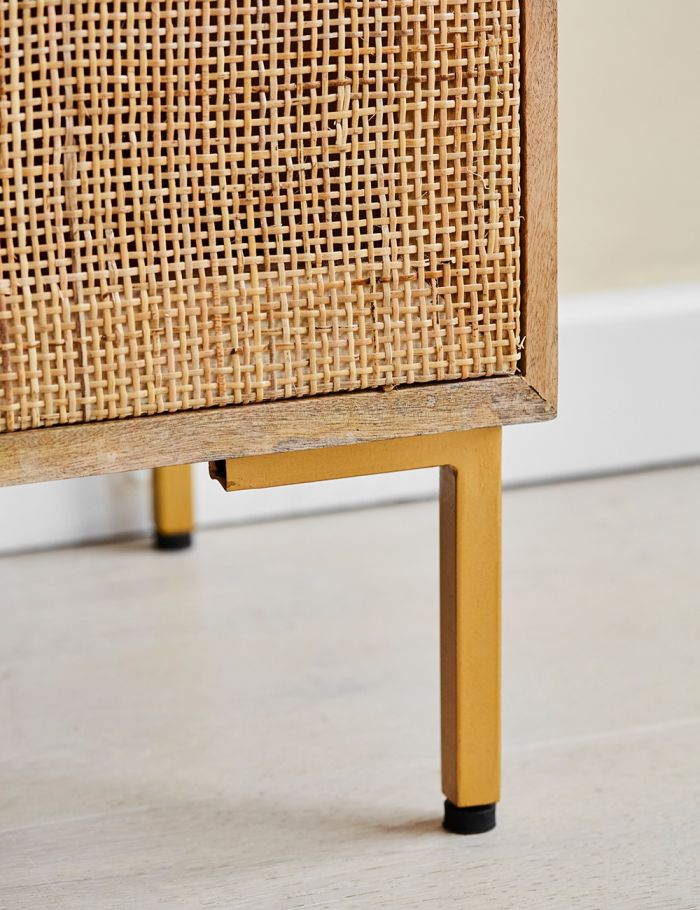 Divi Natural Rattan Sideboard – Solid Mango Wood Cane Cabinet with Brass Details, 2-Door Storage Console & Mid-Century Boho Furniture - DOBRI ARTS AU