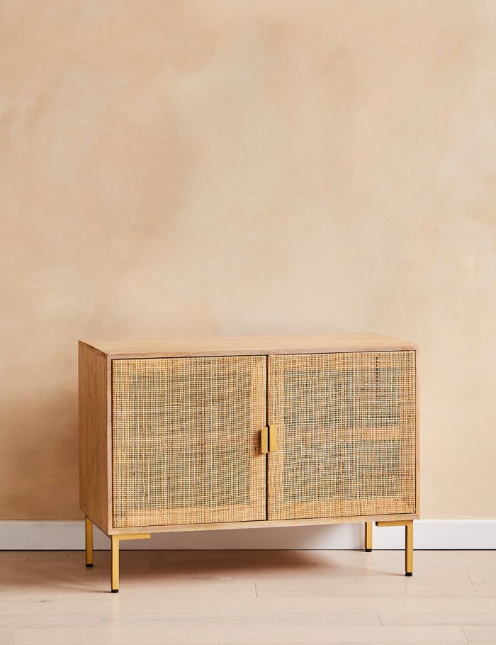 Divi Natural Rattan Sideboard – Solid Mango Wood Cane Cabinet with Brass Details, 2-Door Storage Console & Mid-Century Boho Furniture - DOBRI ARTS AU