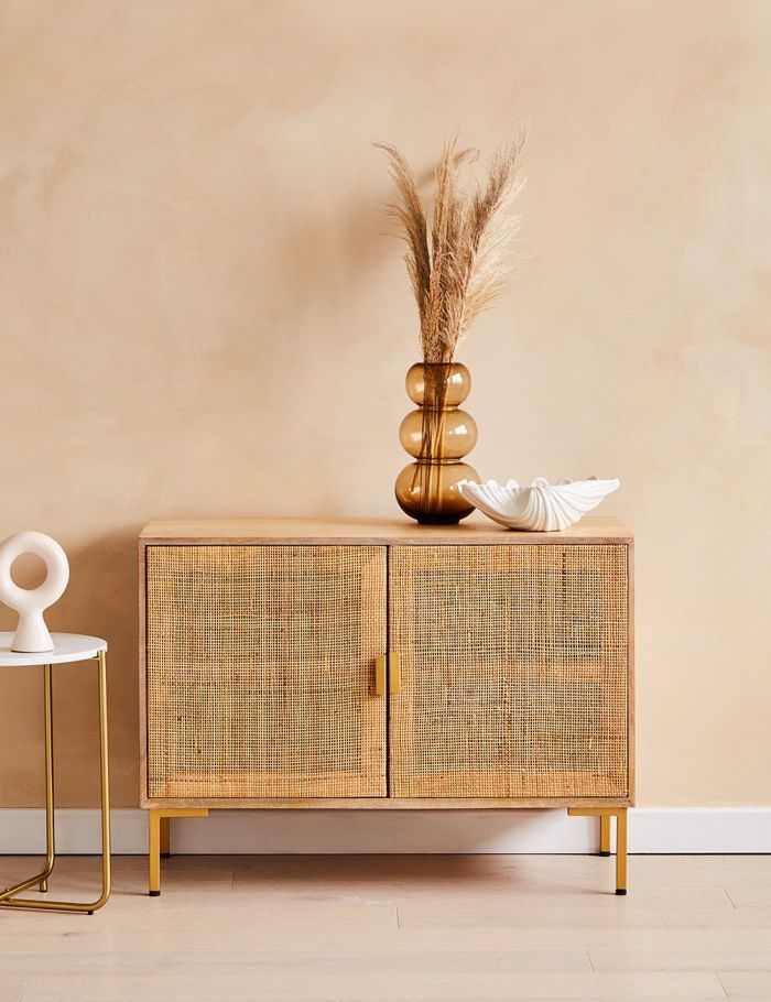 Divi Natural Rattan Sideboard – Solid Mango Wood Cane Cabinet with Brass Details, 2-Door Storage Console & Mid-Century Boho Furniture - DOBRI ARTS AU