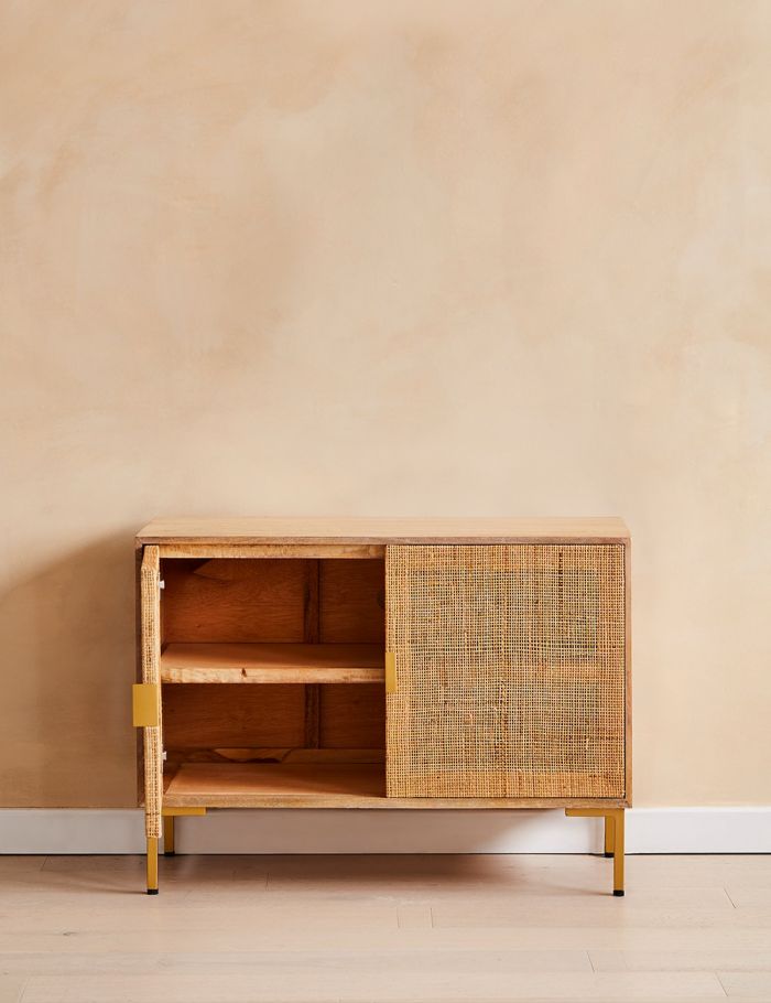 Divi Natural Rattan Sideboard – Solid Mango Wood Cane Cabinet with Brass Details, 2-Door Storage Console & Mid-Century Boho Furniture - DOBRI ARTS AU