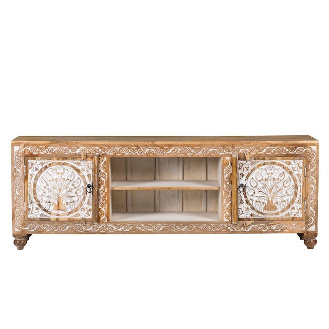 Doiwala Hand-Carved Mango Wood TV Lowboard with Floral Medallion Panels - DOBRI ARTS AU