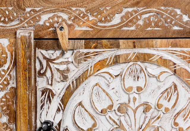 Doiwala Hand-Carved Mango Wood TV Lowboard with Floral Medallion Panels - DOBRI ARTS AU