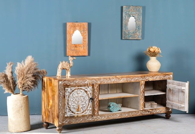 Doiwala Hand-Carved Mango Wood TV Lowboard with Floral Medallion Panels - DOBRI ARTS AU